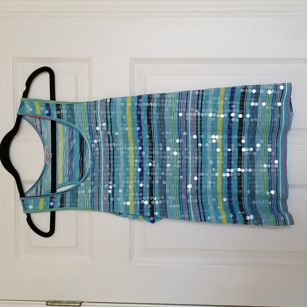 Charlotte Russe Teal Multicolored Stripped Plastic Sequined Tank